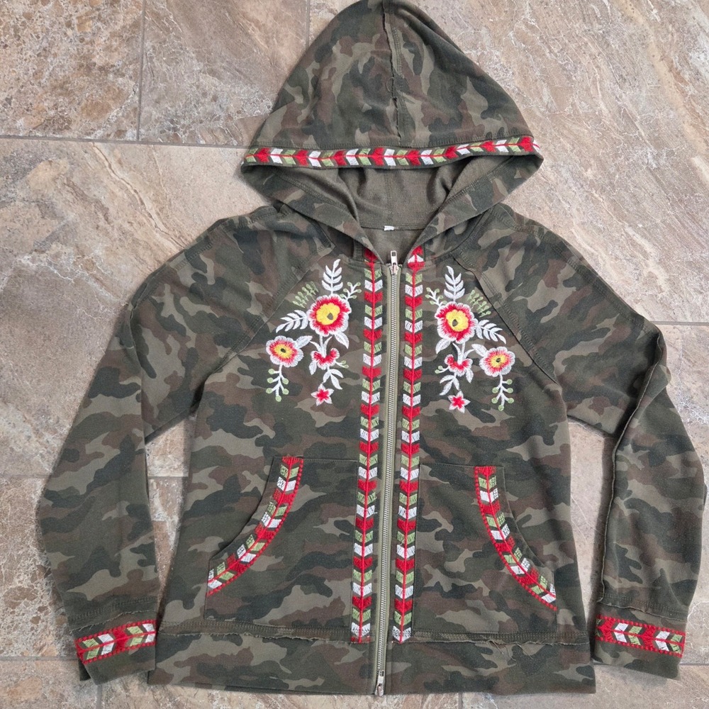 Camo Floral Embroidered Full Zip Hoodie Green Camouflage Sweatshirt Small